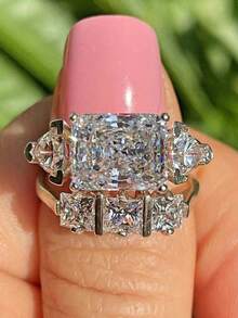 2pcs/Set Luxury White Gold Plated Women's Geometric Zirconia Elegant Fashion Wedding Rings, Valentine's Day Gift - Platinum - View 11