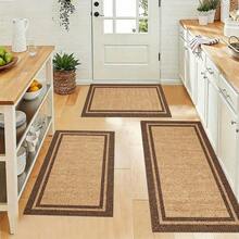 Farmhouse Rustic Jute Textured Area Rug Set, Double Border Print Floor Carpet, 3 Pcs Non-Slip Mat For Front Door Entryway, Non-Slip, Absorbent, Washable Polyester, Kitchen And Laundry Area, Laundry Room | Decorative Floor | Absorbent - Multicolor - View 1