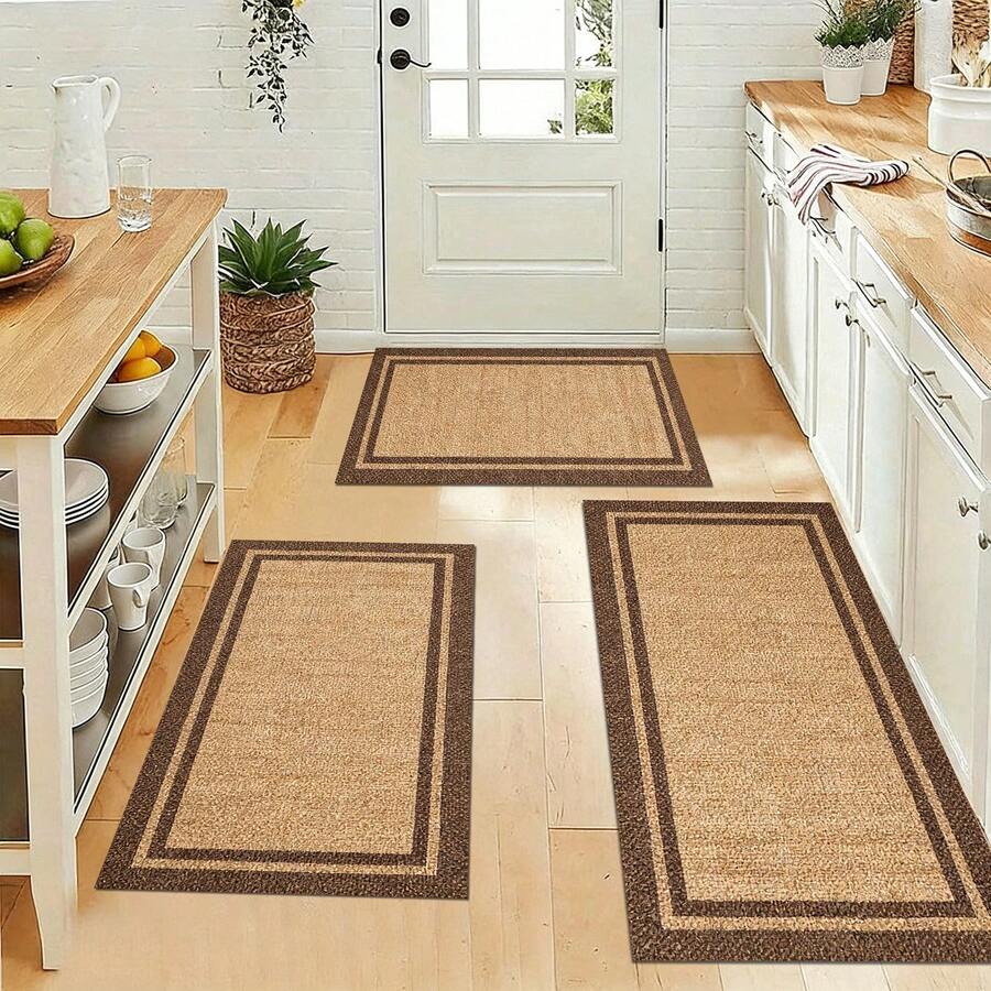 Farmhouse Rustic Jute Textured Area Rug Set, Double Border Print Floor Carpet, 3 Pcs Non-Slip Mat For Front Door Entryway, Non-Slip, Absorbent, Washable Polyester, Kitchen And Laundry Area, Laundry Room | Decorative Floor | Absorbent - Multicolor - View 1