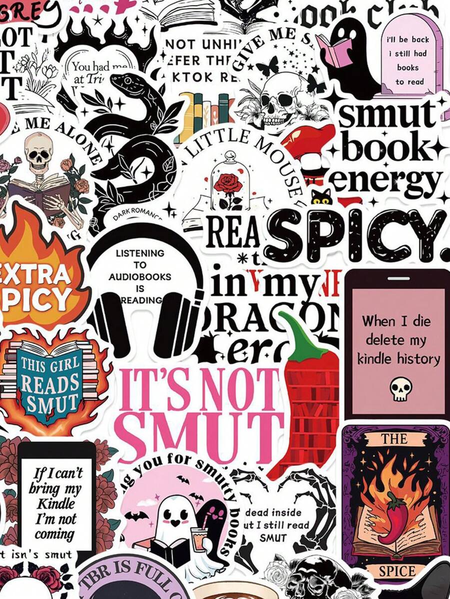 50 piezas Pegatinas para amantes de los libros, pegatinas de lectura, pegatinas de texto, pegatinas de fantasía, pegatinas divertidas, adecuadas para cuadernos, portátiles, patinetas, diarios, teléfonos, tazas, guitarras, equipaje, computadoras, refrigeradores, escritorios papelería manualidades libro de sticker estikers