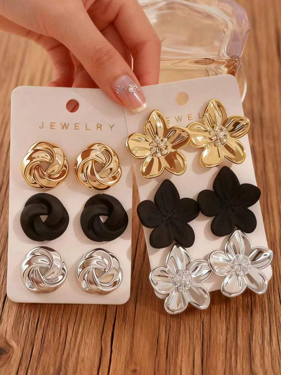 Bộ 6/3/1 đôi bông tai thời trang cổ điển màu vàng, bạc, đen với họa tiết hoa, hình học và hình thoi, phù hợp cho phụ nữ đeo hàng ngày và trong các dịp lễ hội. - Nhiều màu - Xem 1