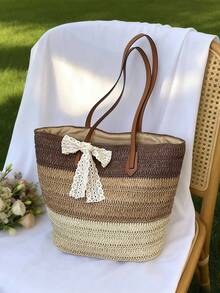 Gradient Striped Straw Tote Bag, Bow Tie Shoulder Bag, Large Capacity Woven Casual Bag, Retro PU Leather Strap, Fits , Casual Beach Vacation Bag, French Slouchy, Large Zipper Tote Bag, Commute & Travel Dual-Use Bag, Essential For Summer Beach Vacation - Coffee Brown - View 3
