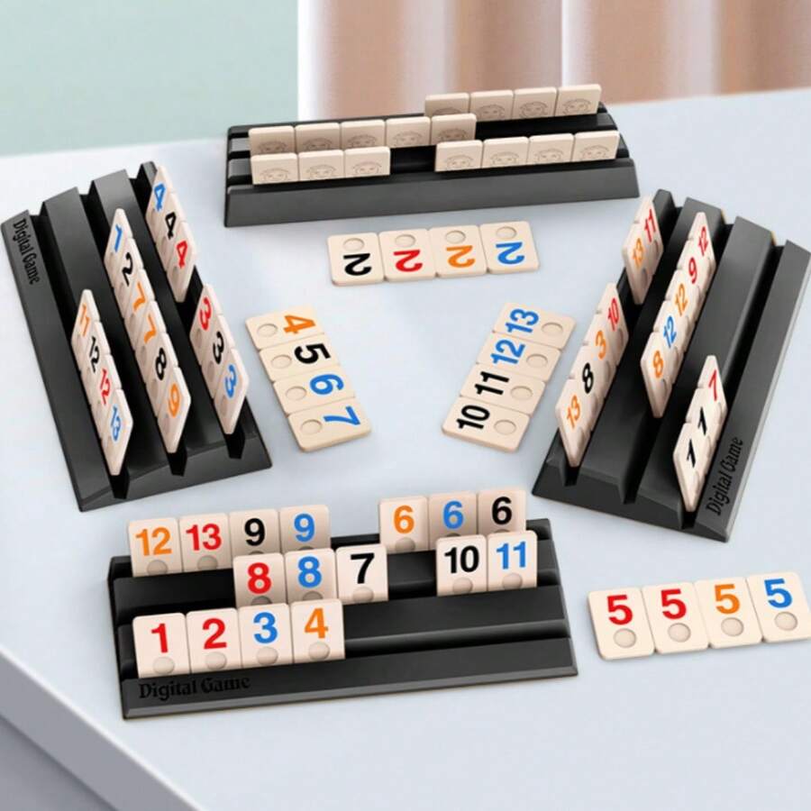 大型拉米/以色列麻将套装，104张通用麻将牌+4个牌架 | 便携式收纳袋 | 2-4人经典棋盘游戏 | 家庭聚会及旅行游戏 | 成人青少年通用，派对旅行玩具卡牌套装 - 彩色 - 查看 1