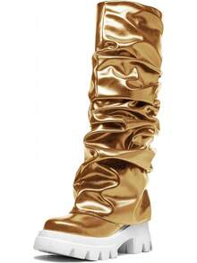 Women's Platform Round Toe Mid Calf Boots With Chunky Heel - Gold - View 12