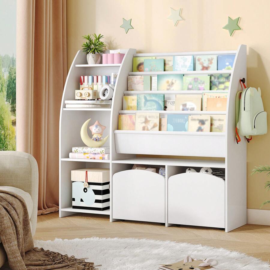 HaluPeit Kinderregal mit Zeitungsständer, Bücherregal Kinder mit 2 Säulen, 4 Ablagen, Spielzeugregal, Kinder mit Aufbewahrungsbox, für Kinderzimmer, Wohnzimmer, 30 x 105 x 100 cm, Weiß - Weiss - Übersicht 1