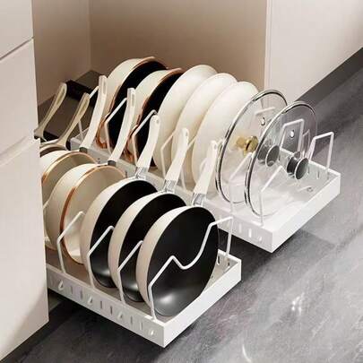 1 raft extensibil pentru depozitarea vaselor și capacului, suport glisant pentru capac sub dulap și raft pentru oale de bucătărie, capac extensibil, tavă de copt și depozitare a tacâmurilor în interiorul dulapului