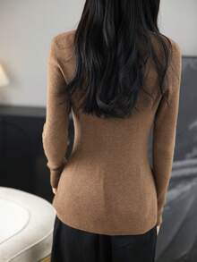 2026春夏女式美利奴羊毛混纺针织T恤，休闲百搭，高领柔软长袖套头衫 - 棕色 - 查看 3