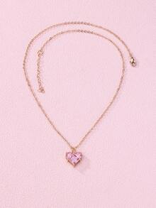 1件儿童时尚可爱简约甜美水晶玻璃心形吊坠项链，适合日常佩戴、送礼、节日 - 粉色 - 查看 3