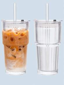 1pc 20oz Striped Glass Cup With Lid And Glass Straw - Vintage Iced Coffee Cup, Reusable Smoothie And Cocktail Drinking Cup, Clear Glassware For Home Or Cafe Use - Multicolor - View 2