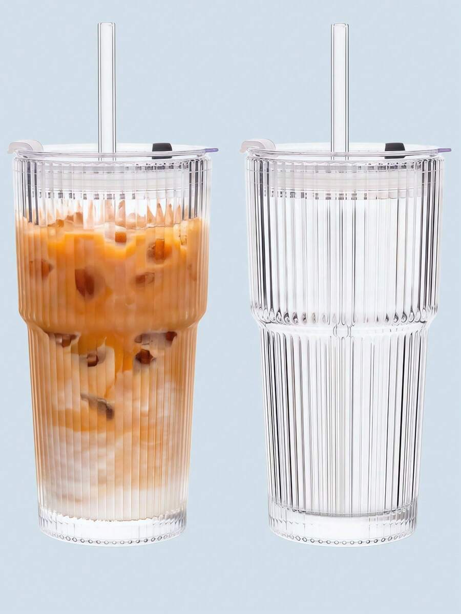 1pc 20oz Striped Glass Cup With Lid And Glass Straw - Vintage Iced Coffee Cup, Reusable Smoothie And Cocktail Drinking Cup, Clear Glassware For Home Or Cafe Use
