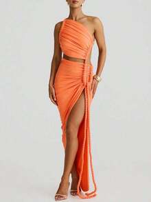 – Hot New Arrivals Women Summer Solid Patchwork Backless Side Slit Ruched Long Dress Bodycon Elegant Party Dress Prom - Orange - View 6