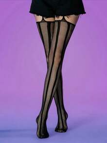 Y2k Style Striped Hollow Out Fishnet Socks For Women, Gothic Thigh High Stockings, Sheer Pantyhose, Retro Style, Europe And America Design, E-Girl - 黑色 - 查看 4