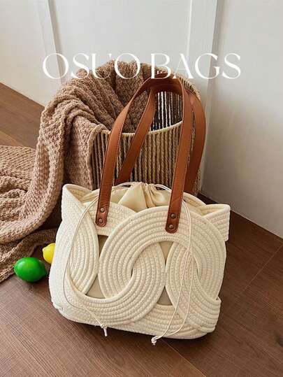 2026夏季新款女士拼接大容量圆形花卉编织复古单肩包，休闲草编包，独特设计抽绳束口多功能手提包，配有双提手和肩带，适合夏季度假和海滩使用