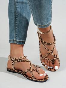 Breezelady Women's Summer New Leopard Braided Flat Sandals Vacation, Beach Fashion Casual Outerwear One Pedal Sandals - 豹紋 - 查看 4