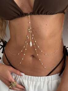1 chiếc mặt dây chuyền ngọc trai nhiều lớp hình dáng Baroque không đều, dây đeo ngực tua rua, dây đeo bikini gợi cảm, dây đeo ngực/trang sức cơ thể đa năng, trang sức cơ thể thường ngày và ngày lễ dành cho nữ. - Vàng - Xem 2