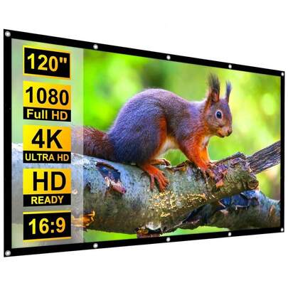 VOJCBKRE Màn chiếu di động 120 inch, màn chiếu trong nhà và ngoài trời, màn chiếu phim gấp gọn không nhăn, độ phân giải 4K 16:9, chiếu hai mặt, phù hợp cho rạp chiếu phim tại gia (bao gồm móc treo)