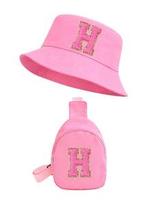 2 Peças Conjunto de Chapéu Balde Rosa com Letra 26 e Bolsa de Peito para Meninas, Alça Ajustável, Versátil, Adequado para Uso Externo, Praia, Pesca, Piquenique - Rosa chiclete - Visão 34