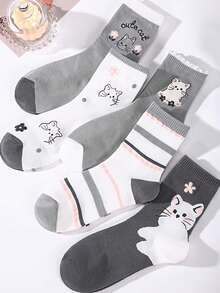 5双可爱猫咪印花袜子，透气吸湿卡通船袜，女士款，春夏款 - 彩色 - 查看 4