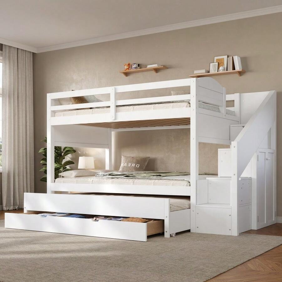 Twin XL Bunk Bed With Trundle And And Three Storage Drawers, Storage Staircase And Wardrobe, White - 白色+松木+臥室 - 查看 1