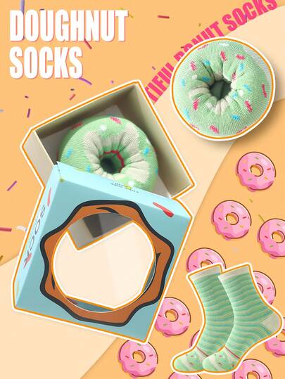 Un par de calcetines de media caña multicolor de gran valor, disponibles en estilos para parejas para hombres en caja de regalo. Calcetines de novedad con tema de donut suaves con diseños creativos inspirados en alimentos caprichosos, cómodos y versátiles, perfectos como regalos de cumpleaños