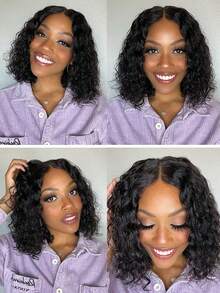 深波浪13x4蕾丝前置波波头假发，真人发丝，预先拔毛，带婴儿绒毛，无胶蕾丝假发，13x4水波纹卷发波波头假发，150%密度 - Natural Black - 查看 5