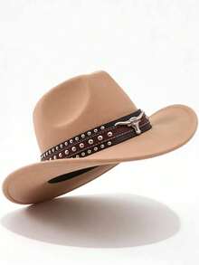 1 pièce Chapeau de cowboy vintage occidental, orné d'une ceinture à trois rangées de clous en forme de taureau, un accessoire élégant pour la rentrée scolaire, convenant pour le port décontracté quotidien, les fêtes de cowboy occidental, les voyages de vacances et autres occasions, été, plage, festival - Chapeau de cowboy à trois rangées de rivets - Voir 4