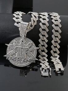 Bộ dây chuyền Cuban Link lấp lánh + đồng hồ mặt đỏ, mặt dây chuyền phong cách rapper dành cho nam giới, trang sức đường phố đính đá toàn bộ. - bộ trang sức - Xem 10