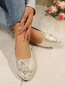 Women's Snake Skin Pointed Toe Flat Shoes, With Gold Decor Loafers, Loose Fit, Recommend Ordering 0.5 Or 1 Size Down, Wide Toe Design Suitable For Wide Feet And High Instep - Gold - View 7