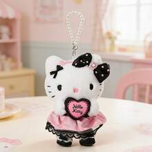 Miniso 1pc Hello Kitty Sparkling Party Series Plush Ornament (Heart-Shaped Mirror/Hugging Heart), Official IP, Pink And Black, Sweet And Chic Plush + Metal Material Keychain Accessory - Multicolor - View 5