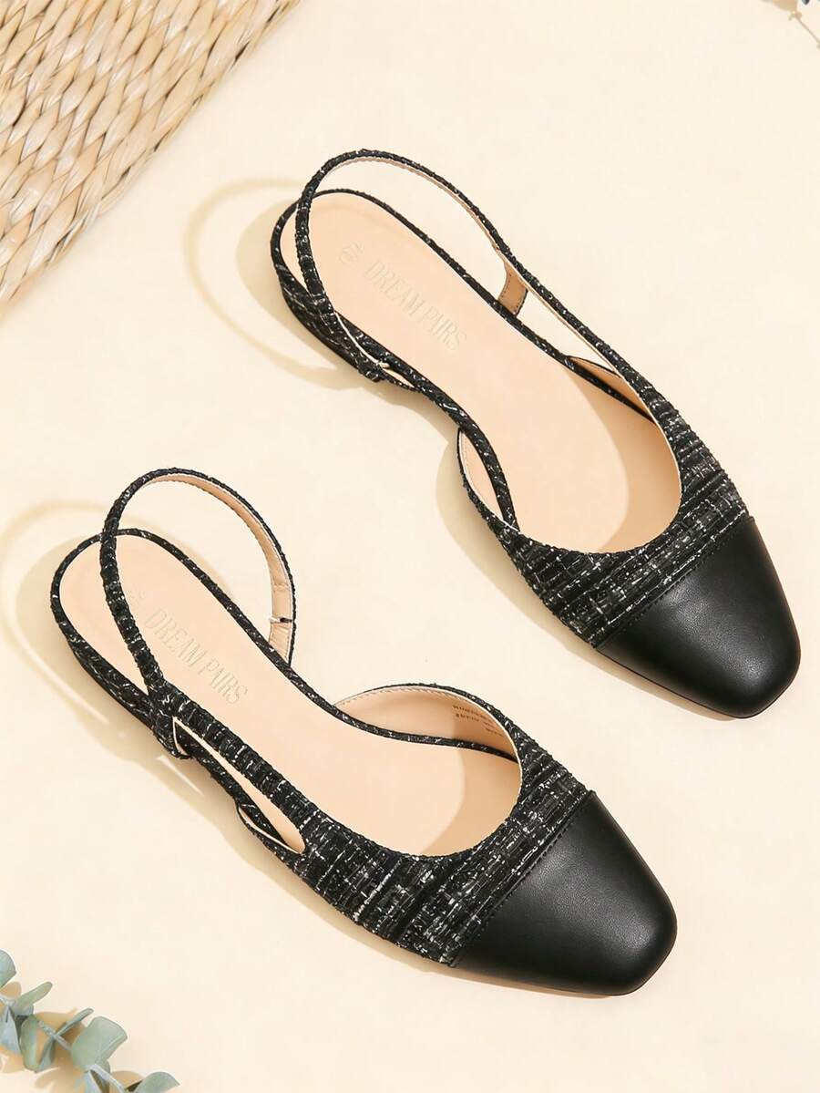 Women Slingback Ballet Flats Square Cap Toe Low Heel Party Wedding Dress Shoes - màu đen - Xem 1
