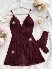 Women's Solid Color Lace Camisole Nightgown Paired With Matching Lace Shorts, V-Neck Design, Bow Decoration, Delicate Lace Patterns, Ruffled Hem, Christmas And Valentine's Day Clothing - The Ideal Gift For Her - Light Purple - 查看 9