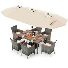 8 PCS Outdoor Wicker Dining Furniture & Double-Sided Umbrella With Solar LED Lights - Màu be - Xem 2