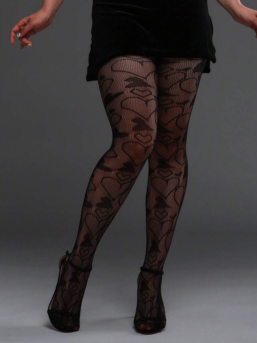 1件装曲线弹力紧身裤，复古黑白爱心提花镂空渔网袜，性感黑色连裤袜，Y2K风格百搭紧身裤，适合春夏、万圣节装扮及所有季节 - 黑色 - 查看 1