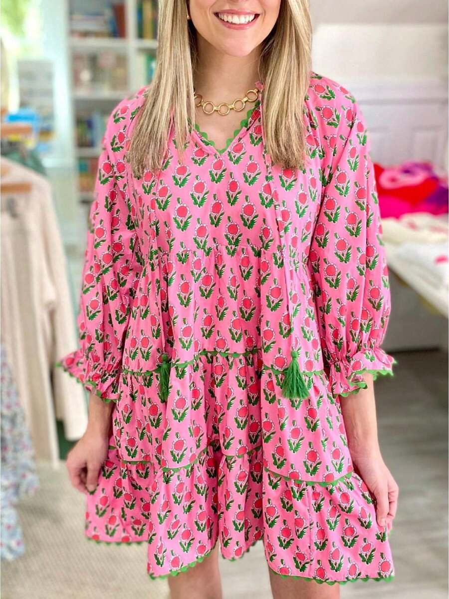 Women Boho Ruffle Sleeve Mini Dress Summer Floral Print Short Sleeve V Neck Cute Babydoll Loose Flowy Dress - Pink - View 1