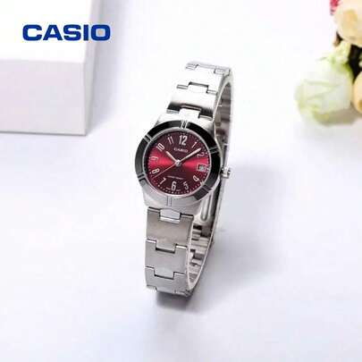 Casio 卡西欧 LTP-1241D 女士复古腕表，红色表盘，不锈钢表带，30米防水，日期显示，石英腕表