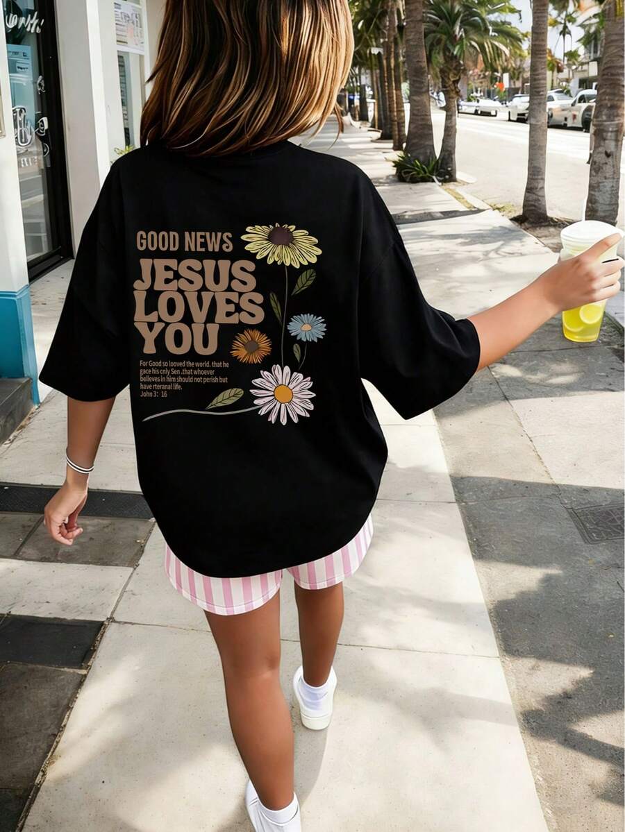 Tween Girls Black Slogan Print Short Sleeve Crew Neck T-Shirt, 1pc Summer Top For Tween Girl - Black - View 1