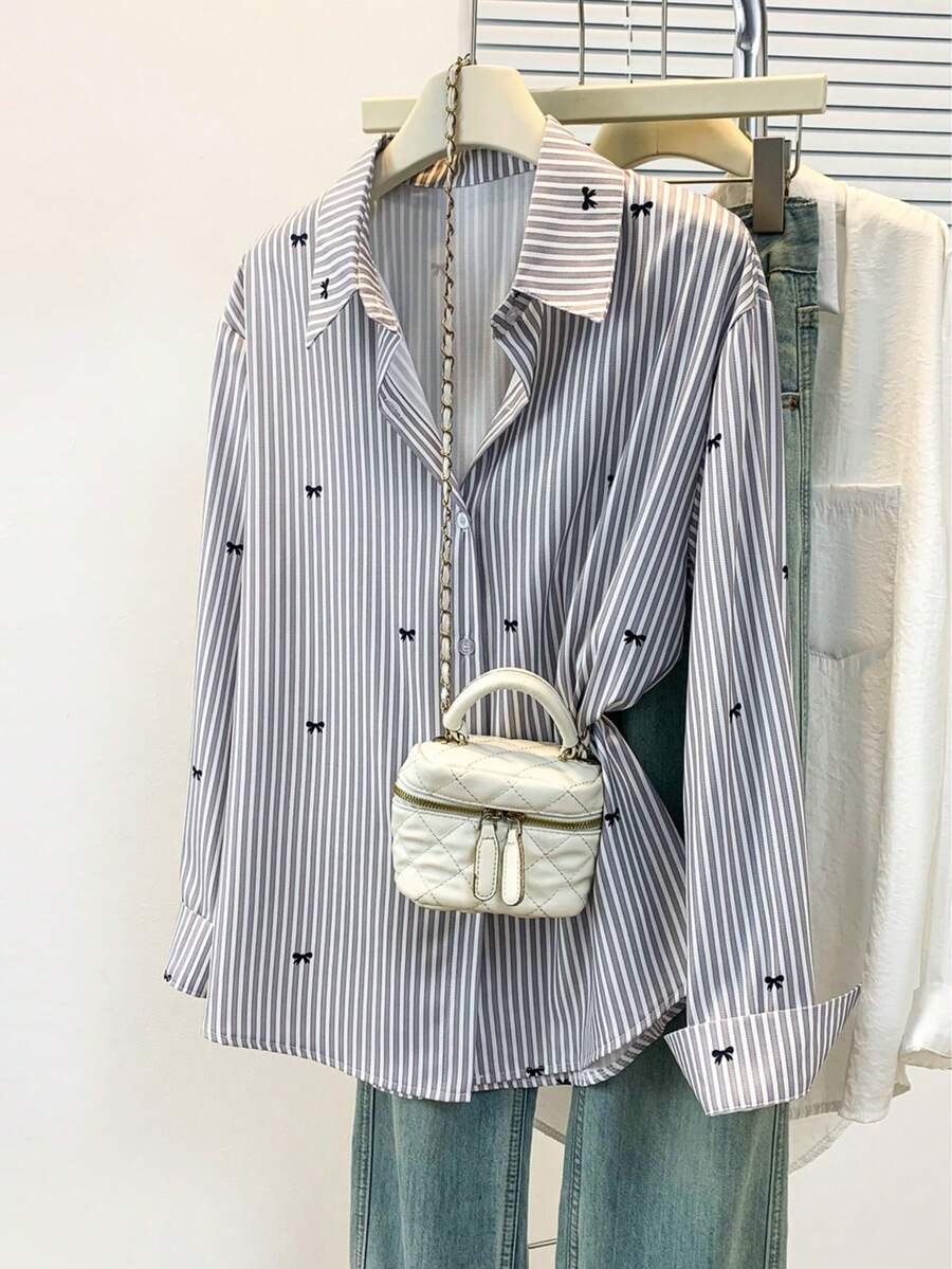 Women's Bow Tie Striped Print Long Sleeve Shirt, Button Front, Shirt Collar, Casual Top, Suitable For Spring, Autumn And Winter - Grey - View 1