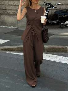 PoPoHouse 女士优雅两件套无袖纽扣背心上衣和宽松阔腿裤夏季休闲办公商务通勤度假外出服装棕色套装 - 棕色 - 查看 4