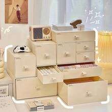 1个米色PP桌面收纳盒，办公/家用化妆品收纳盒，抽屉式化妆品收纳架（随机手柄和盒子上的字母） - 米色 - 查看 4