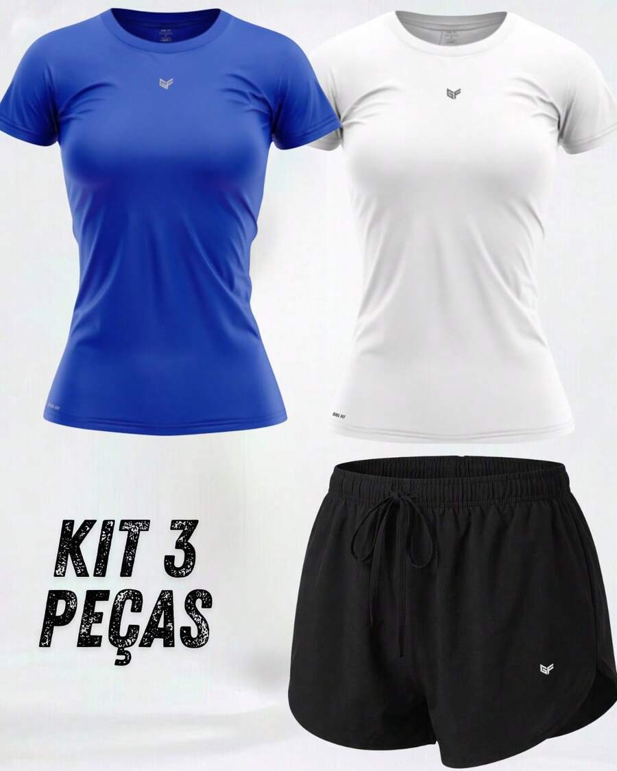 Women's 3-Piece Gym Kit: 2 Dry Fit T-Shirts + Comfortable Tactel Shorts - Women's 3-Piece Fitness Set With 2 Dry Fit Tops + Lightweight Shorts - Kit G - 查看 1