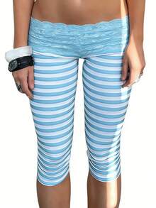 Lace Lettuce Trim Mid Waist Capri Leggings For Women Stripe Elastic Waist Ruffles Hem Tight Slim Fit Cropped Pants Coquette Leggings - 藍色 - 查看 3
