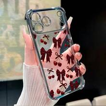 Cherry Bows Pattern Transparent Phone Case, Full Coverage Four-Corner Anti-Drop Cover For IPhone 11 12 13 14 15 16 17 Air Pro Max Plus - 藍色 - 查看 7