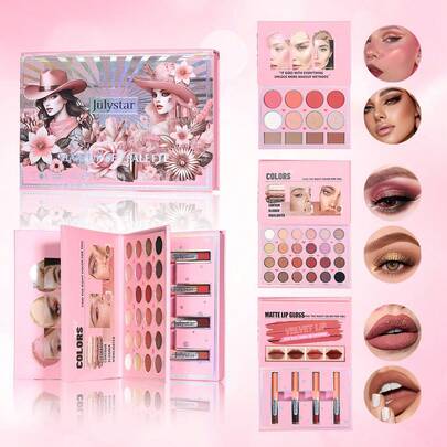 Julystar Sổ trang điểm 3 trong 1 màu hồng dạng lật, bảng màu di động đa năng cho phấn mắt, má hồng, son bóng và phấn tạo khối cơ bản, dụng cụ trang điểm nhanh 5 phút, tiết kiệm không gian cho ký túc xá và du lịch.