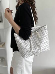 1pc White PU Smooth Zipper M-Print V-Shape Metal Rivet Inlaid Fashion Versatile Casual Minimalist Spring New Niche Large Capacity Shoulder Tote Bag, Suitable For Women's Daily Use - White - View 11