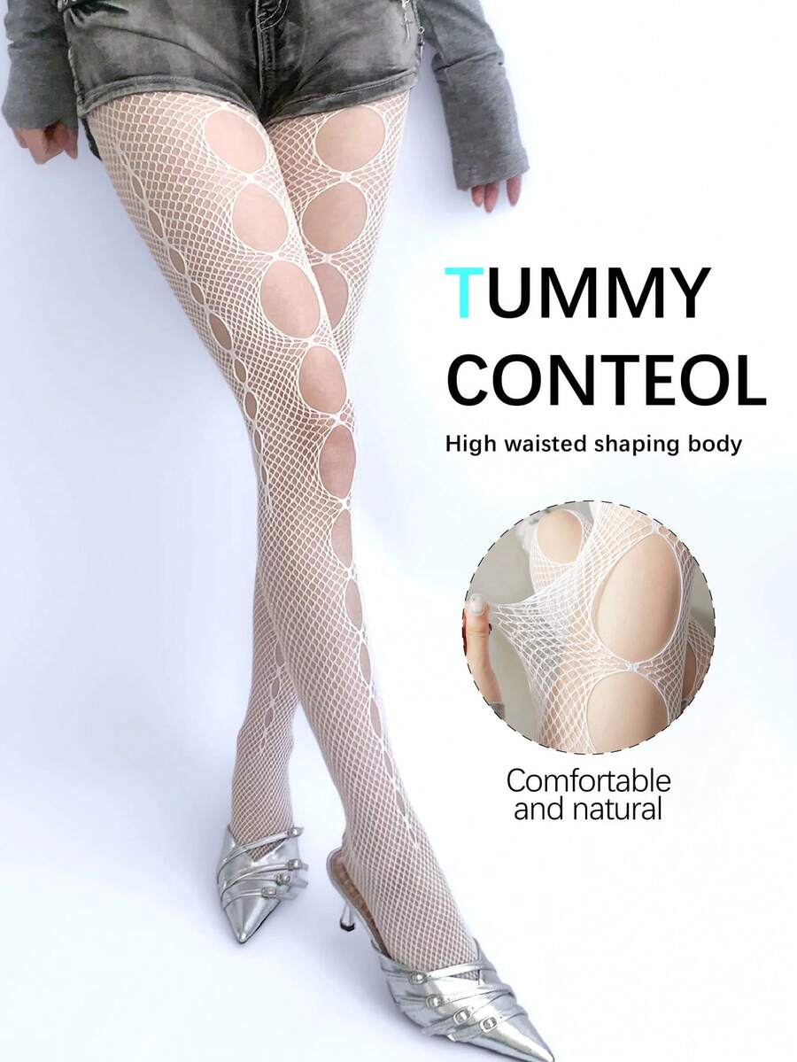 1 chiếc quần tất lưới lỗ lớn màu trắng dành cho nữ, kiểu dáng thời trang gợi cảm, chống xước. - Hồng - Xem 1
