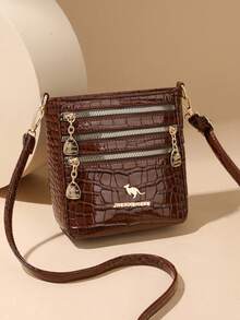 复古风女士多功能多隔层单肩斜挎包，实用斜挎包，仿鳄鱼纹PU材质女士手提包，日常实用小包 - 咖啡 - 查看 10