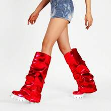 Women's Platform Round Toe Mid Calf Boots With Chunky Heel - Red - View 6