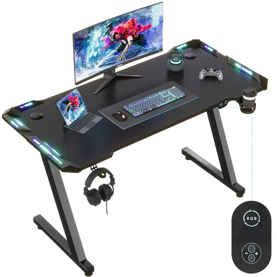 Devoko Spelbord, 80/120/140/160 cm Spelbord, Ergonomiskt Gamerbord Ergonomiskt PC Datorbord Stabilt bord med mugghållare Svart - Svart - Visa 1