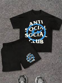 Boys'Casual Print Round Neck Short Sleeve T-Shirt Set, Summer Top - Black 5 - View 1
