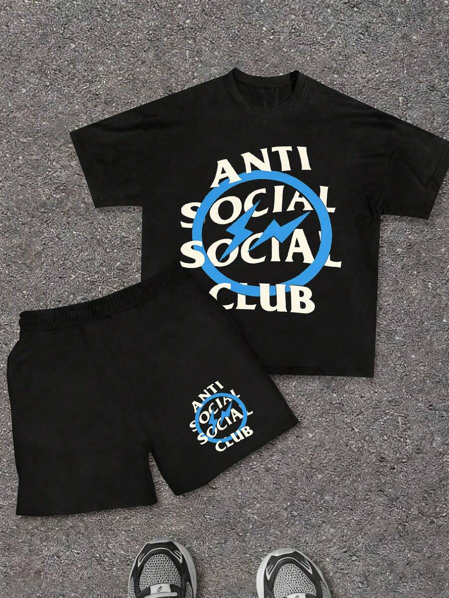 Boys'Casual Print Round Neck Short Sleeve T-Shirt Set, Summer Top - Black 5 - View 1